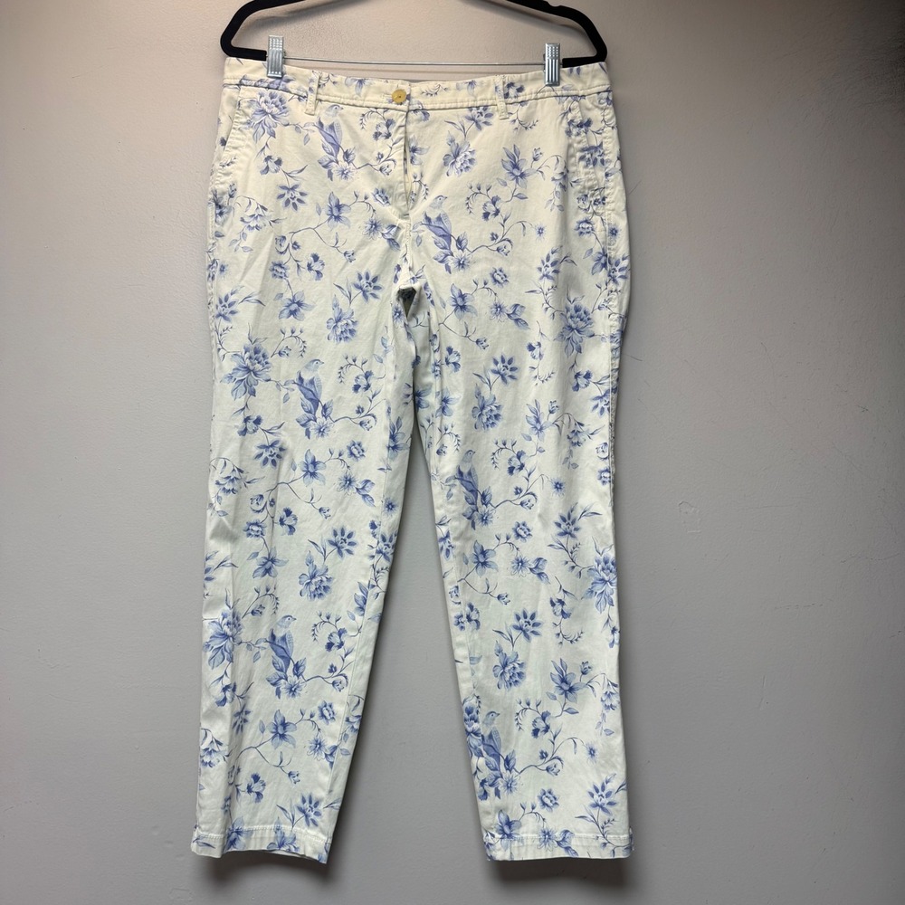 Talbots Relaxed Chino Women 14P Blue Cream‎ Excellent Floral Bird Print Pants
